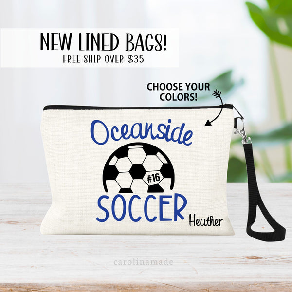 Our new lined linen bags featuring minimalist design of a soccer with your school name or mascot over top of it. Personalize with your name and team number.