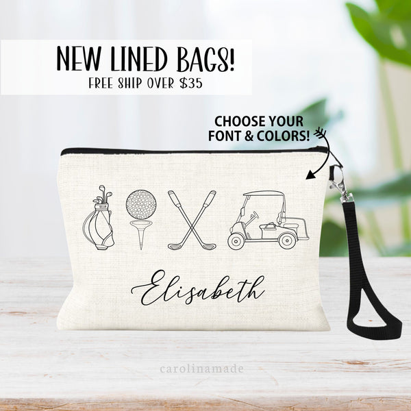 This linen zipper golf bag features a minimalist line art design with golf bag, golf ball and tee, golf clubs crossed and a golf cart. The pouch is personalized at the bottom with your name. Font and colors can be customized.