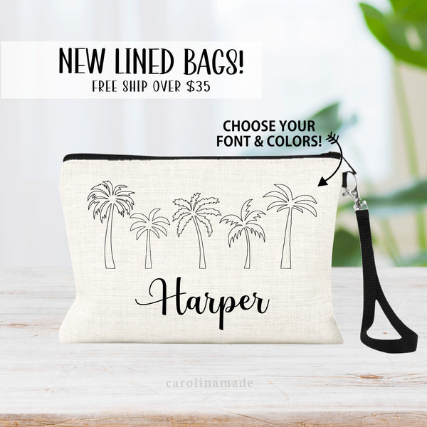 This linen zipper pouch features palm tree line art across the top and is personalized at the bottom with your name. Customize colors and font for your liking.