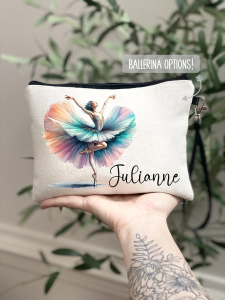 Multiple beautiful watercolor ballerina options to choose from. Ballerina is on the left of this zipper pouch and the name is on the right.