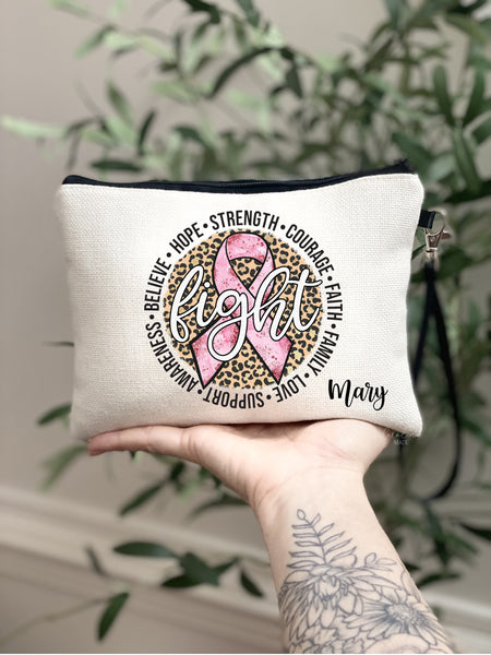Breast Cancer Makeup Bag, Personalized Pink Ribbon Leopard Print Wristlet, Believe Hope Strength Support, Chemo Zipper Pouch Toiletry Bag