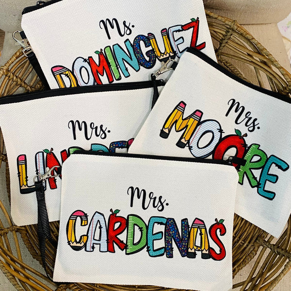 Personalized Teacher Name Zipper Pouch, Teacher Cosmetic Bag, Teacher Appreciation Week Gift, Teaching Gifts, End of School Gift
