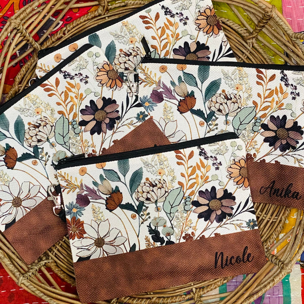 Personalized Faux Leather Floral Wristlet Purse, Flower Makeup Bag, Custom Name Flower Cosmetic Bag, Zipper Pouch, Wildflower Faux Leather