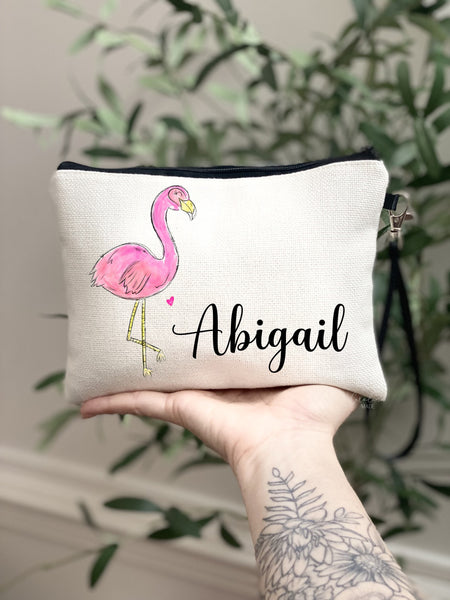 Pink Flamingo Makeup Bag, Personalized Flamingo Bag, Gift for Flamingo Lover, Tropical Flamingo Girls Trip, Beach Vacation Cosmetic Bag