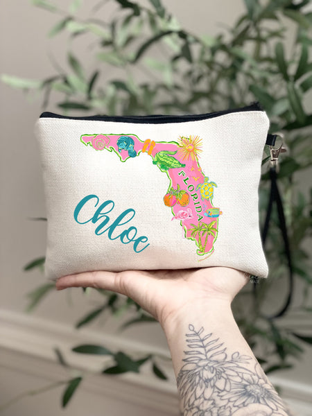 Florida State Makeup Bag, Pink Preppy Girls Florida Zipper Pouch, Florida Trip Gift Ideas, Trendy Pink Girls Trip Beach Getaway Travel Bag