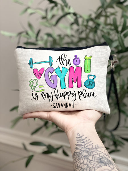Gym is my happy place makeup bag, Gym Toiletry Bag, Custom Fitness Zipper Pouch, Gym Bag, Gym Gift, Work Gift Ideas, Weight Lifting Gift