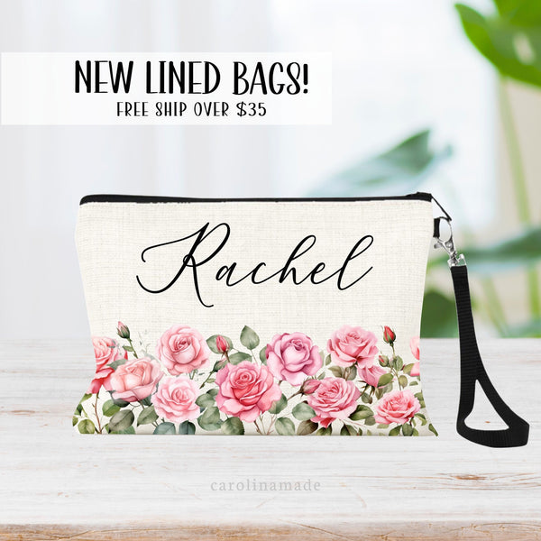This zipper pouch features pink rose flowers along the bottom border and is personalized at the top with your name. Perfect gift for June Birthdays!