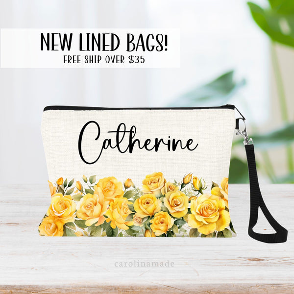This zipper pouch features yellow rose flowers along the bottom border and is personalized at the top with your name. Perfect gift for June Birthdays or Rose Weddings!