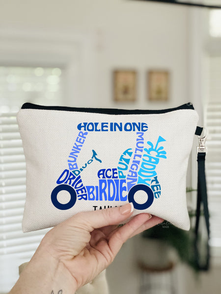 Golf Cart Zipper Pouch, Personalized Golf Cosmetic Bag, Custom Golf Team Wristlet, Golf Lover Gift, Golf Typography, Golf Bag, Golf Events