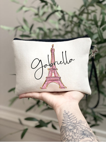 Paris Trip Makeup Bag, Personalized Pink Paris Tower Wristlet, Custom Paris Getaway Trip, Best Friend Paris, Pink Paris Gift Ideas