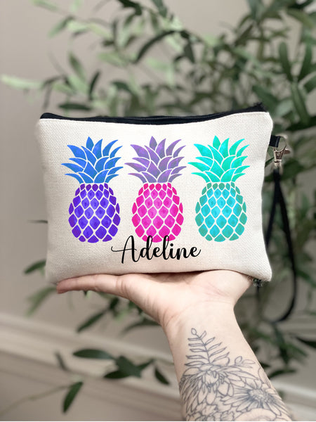 Pineapple Cosmetic Bag, Personalized Pineapple Makeup Bag, Pineapple Zipper Pouch, Pineapple Gifts, Pineapple Pink Bow, Pineapple Lover Gift