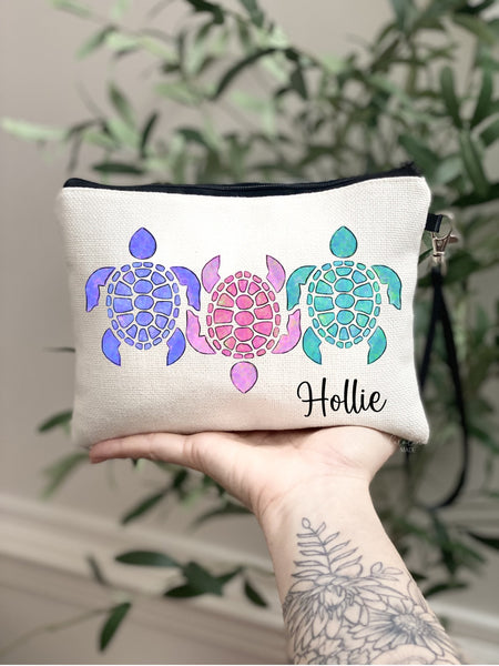 Personalized Sea Turtle Makeup Bag, Sea Turtle Wristlet, Turtle Cosmetic Bag, Sea Turtle Lover Gift, Ocean Lover Gift, Custom Sea Turtle Bag