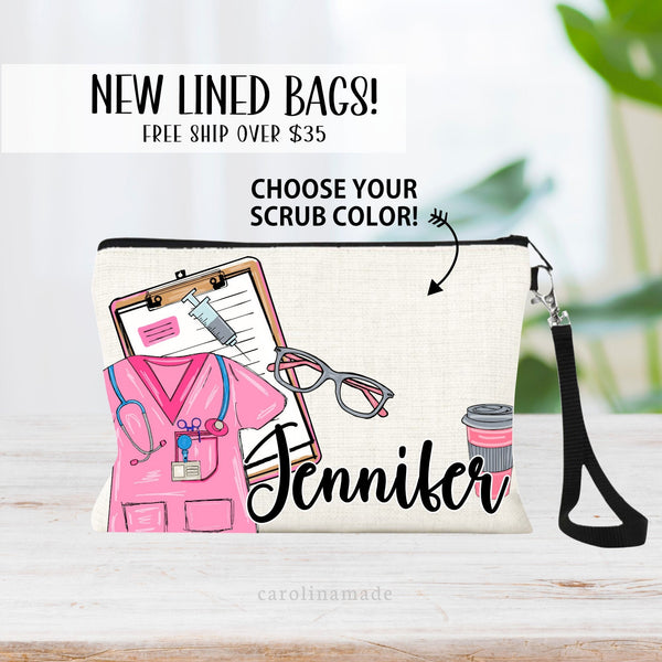 This linen zipper pouch features medical healthcare worker clipart - scrubs, clipboard, needle, glasses and coffee. It is personalized with your name at the bottom.