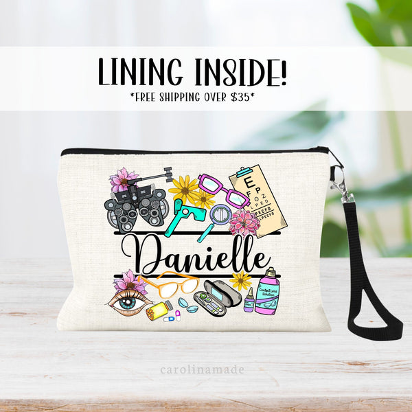 This linen wristlet features a cute Optometry frame design with flowers, glasses, contacts, etc. Personalize with their name in the center.