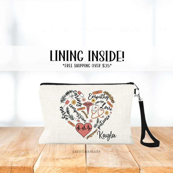 This beautiful bag has text & icons in the shape of a heart. Words like: caring, compassion, empathy, love, patience, nurse.  And the icons are flowers, greenery, bandages, needle, pills, stethoscope, medical symbol. A name is personalized in corner.