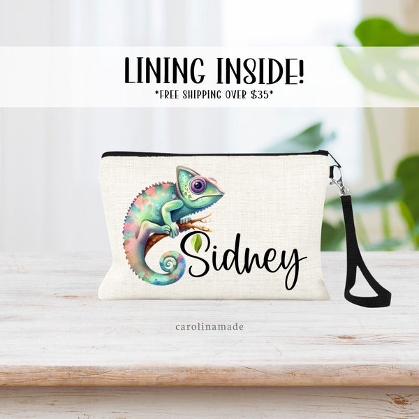 Personalized chameleon watercolor art with your name beside it! Perfect wristlet / makeup bag for chameleon lovers!