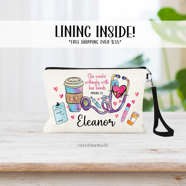 She works willingly with her hands Proverbs 31:13 - This personalized bag is good for a nurse or doctor! Design feature elements such as clipboard, stethoscope, blood vial, prescription bottle, needle, pills and coffee.
