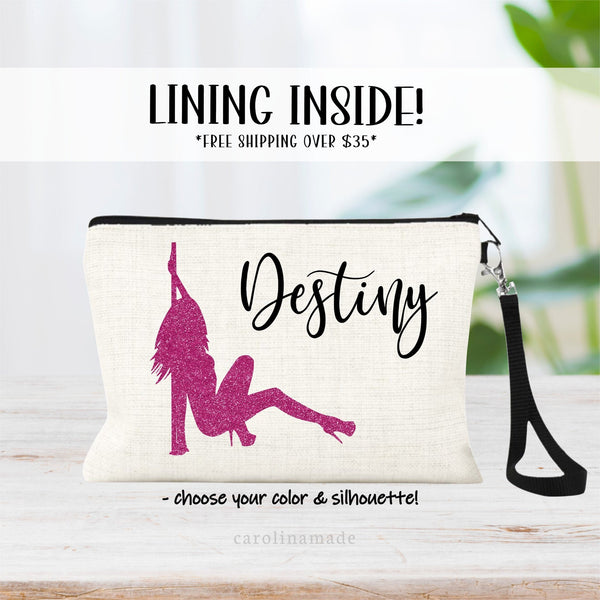 This linen wristlet features a pole dancer silhouette and is personalized with your name. Choose your silhouette, color & font.