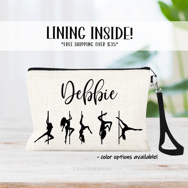 This linen zipper pouch features a black silhouette art with various pole dancing moves and is personalized at the top with a name.
