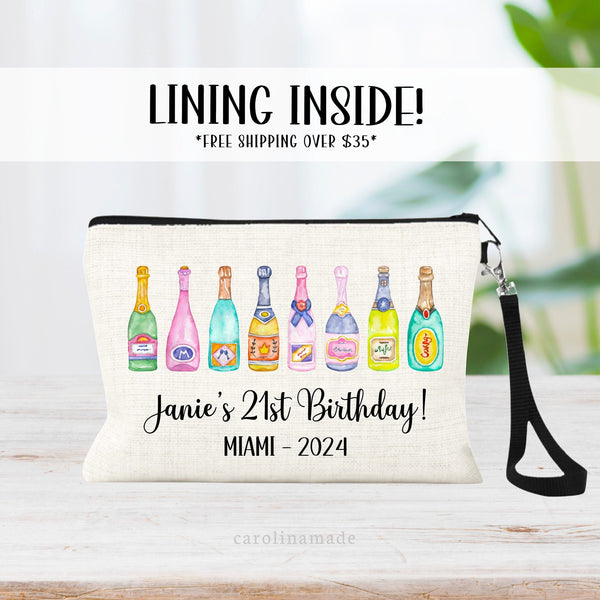 This linen bag features multiple wine and champagne bottles in the center. All the text is customizable. Personalized all the text with your special occasion or girls trip with a name, destination and date.