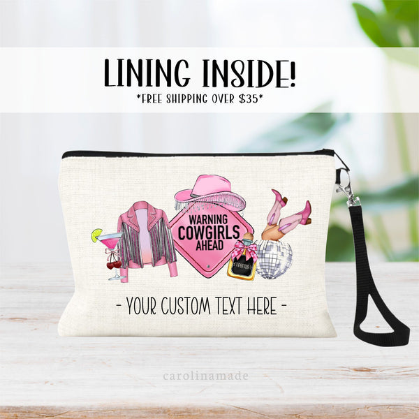 This linen zipper pouch features a fun pink cowgirl design with a pink drink, pink tassel hat and jacket, disco ball and cowboy boots. Perfect design for girls trip or bachelorette trip. Personalize text at the bottom.