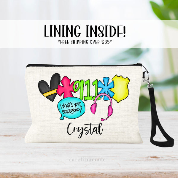 This linen zipper pouch features bright colorful colors and is design for 911 dispatch operators. Cross, Heart, medical symbols, headset. And is personalized with your name at the bottom.