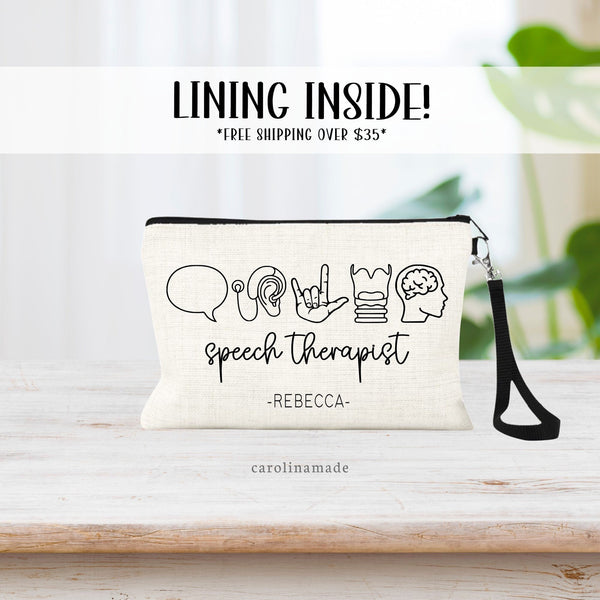 This linen zipper pouch is the perfect appreciation gift for your speech therapist! With line art symbols for hearing, speaking, brain function, this design is the perfect gift for any speech language pathologist! Personalize with their name.