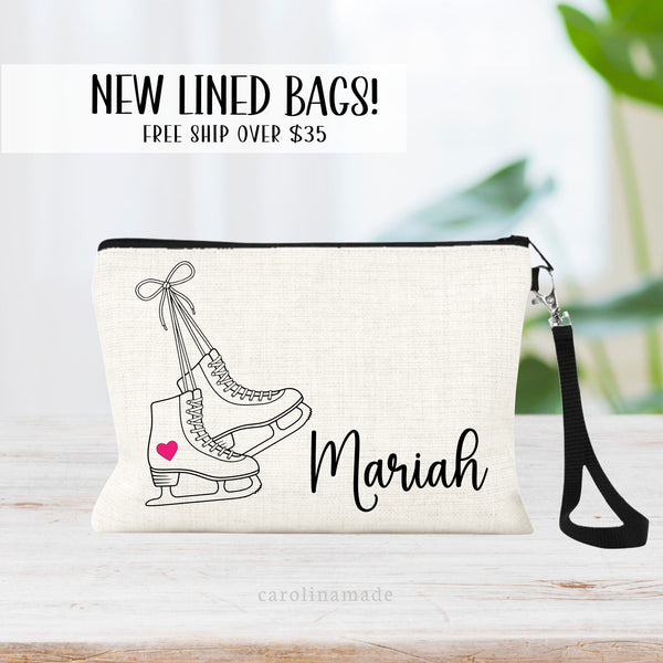 This linen zipper pouch features a fun line art design of ice skates with a pink heart on them. It is personalized with your name on the bottom.