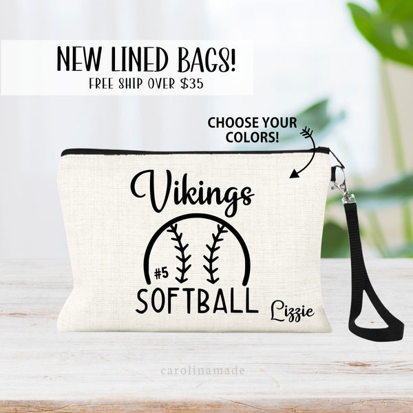 Our new lined linen bags featuring minimalist design of a softball with your school name or mascot over top of it. Personalize with your name and team number.