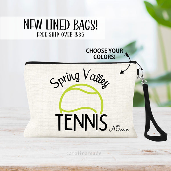 Our new lined linen bags featuring minimalist design of a tennis with your school name or mascot over top of it. Personalize with your name and team number.