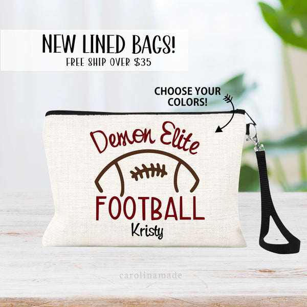 Our new lined linen bags featuring minimalist design of a football with your school name or mascot over top of it. Personalize with your name and team number.
