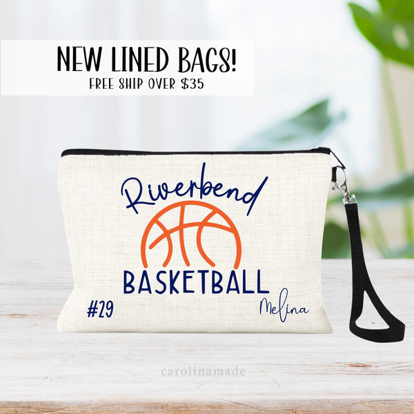 Our new lined linen bags featuring minimalist design of a basketball with your school name or mascot over top of it. Personalize with your name and team number.