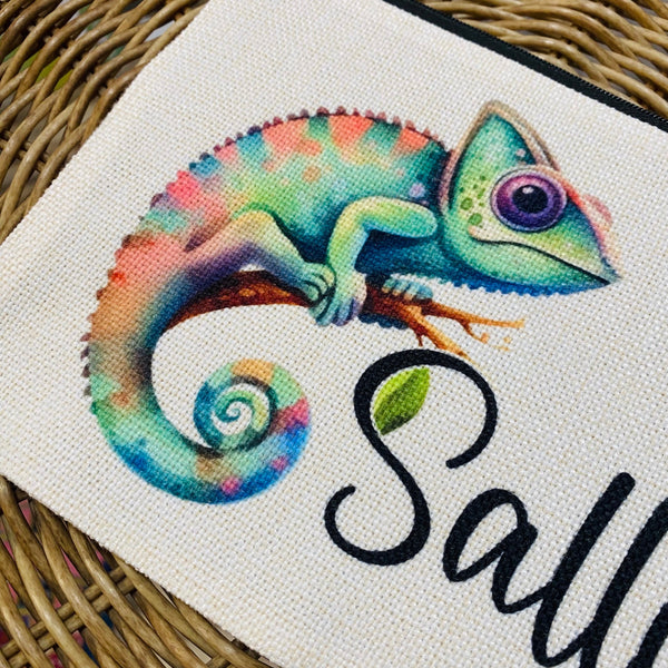Personalized Chameleon Makeup Bag, Custom Name chameleon , chameleon Wristlet Purse, chameleon lover, chameleon Gift for Her, chameleon mom