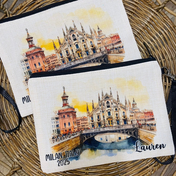 Milan Italy Trip Makeup Bag, Personalized MilanTrip Wristlet, Custom Italy Getaway Trip, Best Friend Travel Bag, Milan Italy Gift Ideas