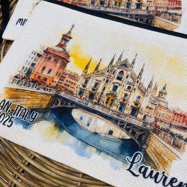 Milan Italy Trip Makeup Bag, Personalized MilanTrip Wristlet, Custom Italy Getaway Trip, Best Friend Travel Bag, Milan Italy Gift Ideas