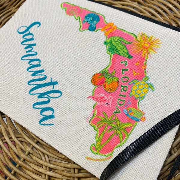 Florida State Makeup Bag, Pink Preppy Girls Florida Zipper Pouch, Florida Trip Gift Ideas, Trendy Pink Girls Trip Beach Getaway Travel Bag