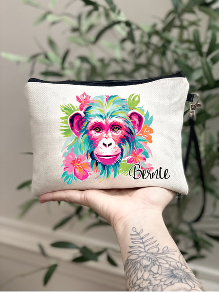 Preppy Ape Makeup Bag, Personalized Floral Ape Zipper Pouch, Pink Tropical Beach Trip Gift Ideas, Trendy Girls Trip Tropical Getaway Bag