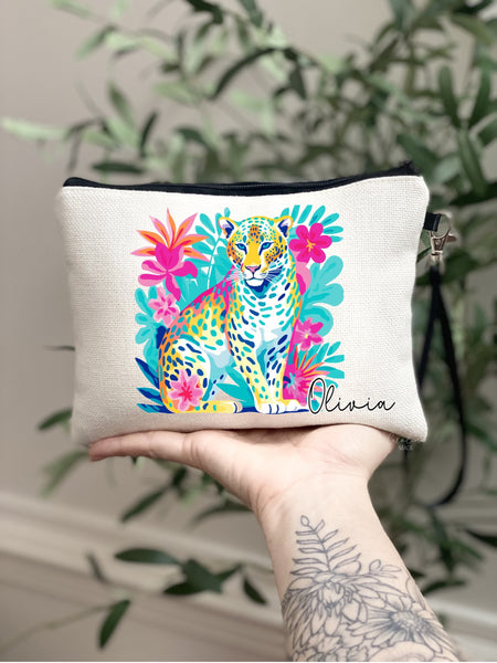 Preppy Cheetah Makeup Bag, Personalized Cheetah Floral Girls Zipper Pouch, Beach Trip Gift Ideas, Trendy Girls Trip Tropical Getaway Bag