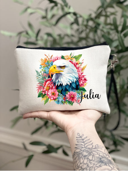 Eagle Makeup Bag, Personalized Floral Preppy Eagle Gift, Eagle Zipper Pouch, Tropical Bald Eagle Bag, Girls Trip Getaway, Gift for Her