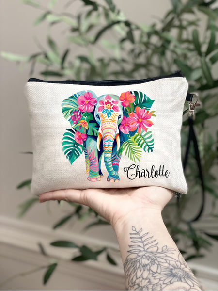 Preppy Elephant Makeup Bag, Personalized Elephant Tropical Gift, Floral Girls Elephant Zipper Pouch, Beach Trip Gift Ideas, Trendy Girls Bag