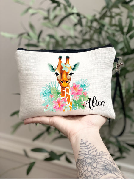 Girls Giraffe Makeup Bag, Personalized Giraffe Tropical Gift, Floral Girls Giraffe Zipper Pouch, Beach Trip Gift Ideas, Trendy Girls Bag