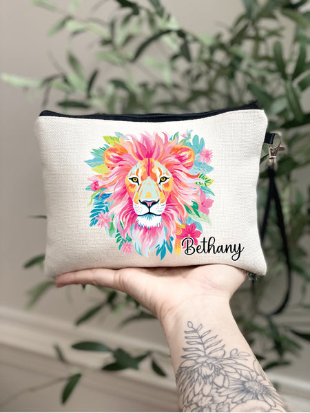 Preppy Lion Makeup Bag, Personalized Lion Tropical Gift, Pink Floral Girls Lion Zipper Pouch, Beach Trip Gift Ideas, Trendy Girls Lion Bag