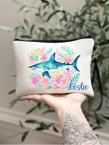 Preppy Shark Makeup Bag, Personalized Shark Gift, Pink Coral Ocean Shark Zipper Pouch, Trendy Beach Trip Bag Gift Ideas, Shark Lover Gifts