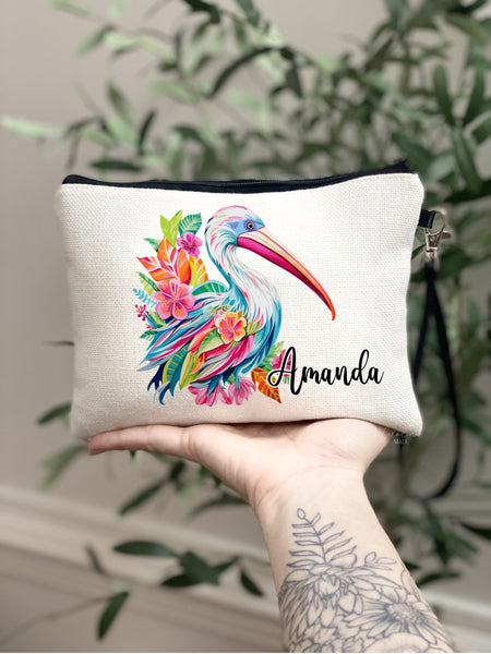 Preppy Pelican Makeup Bag, Personalized Girls Pelican Gift, Pink Floral Pelican Zipper Pouch, Trendy Girls Tropical Beach Trip Gift Ideas
