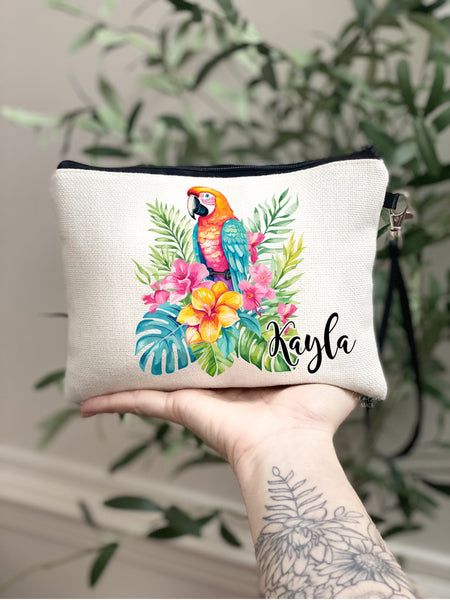 Preppy Parrot Makeup Bag, Personalized Parrot Gift, Palm Leaf Parrot Zipper Pouch, Tropical Beach Trip Gift Ideas, Trendy Girls Parrot Bag