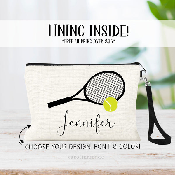 Tennis Wristlet, Personalized Tennis Cosmetic Bag, Gift for Tennis Players, Tennis Team Gifts, Tennis Name Zipper Pouch, Tennis Wristlet Bag