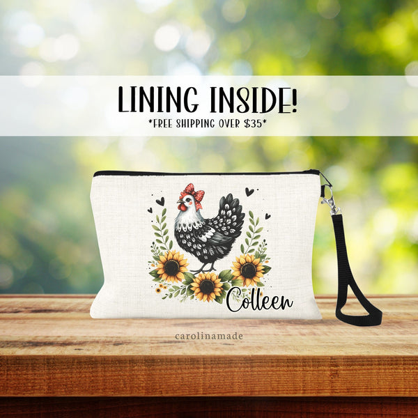 Linen wristlet with sunflower and chicken design. Personalized with your name on the bottom color.
