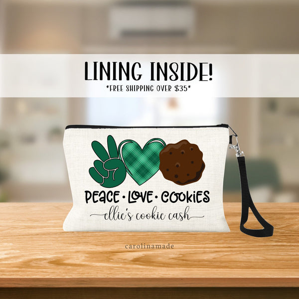 Personalized Cookie Cash Girls Bag, Peace Love Cookies Money Collection bag. Linen zipper pouch