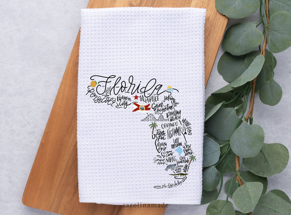 Florida Hand Towel with state shape and towns shown - Pensacola, Panama City, Tallahassee, Jacksonville, Daytona Beach, Tampa, Naples, Orlando Keys, Miami, Palm Beach, etc.  Perfect Florida Decor for your kitchen, bathroom, vacation rental, etc.