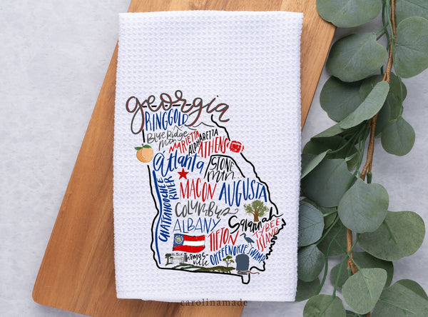 Georgia Hand Towel with state shape and towns shown - Blue Ridge Mountains, Atlanta, Athens, Macon, Augusta, Columbus, Savannah, Tybee Island, etc. Perfect Georgia State Decor for your kitchen, bathroom, vacation rental, etc.